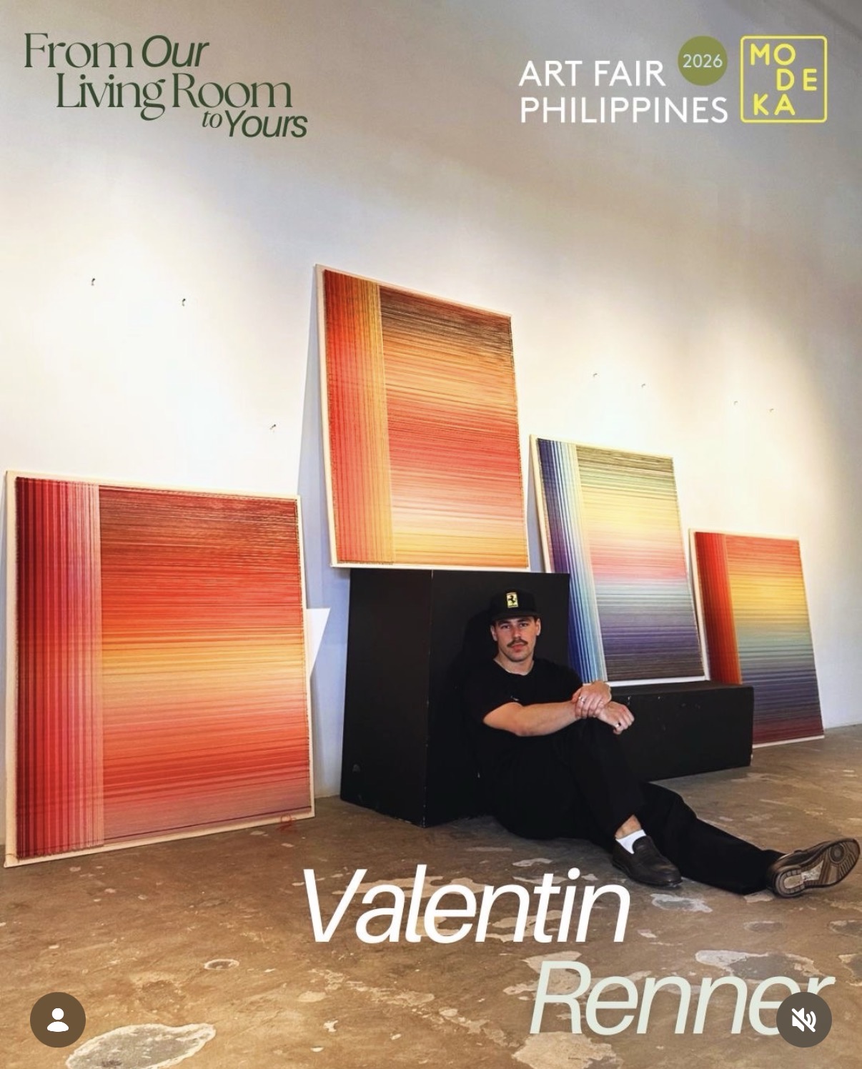 Valentin Elias Renner seated in front of five gradient thread works at Art Fair Philippines with Modeka Gallery