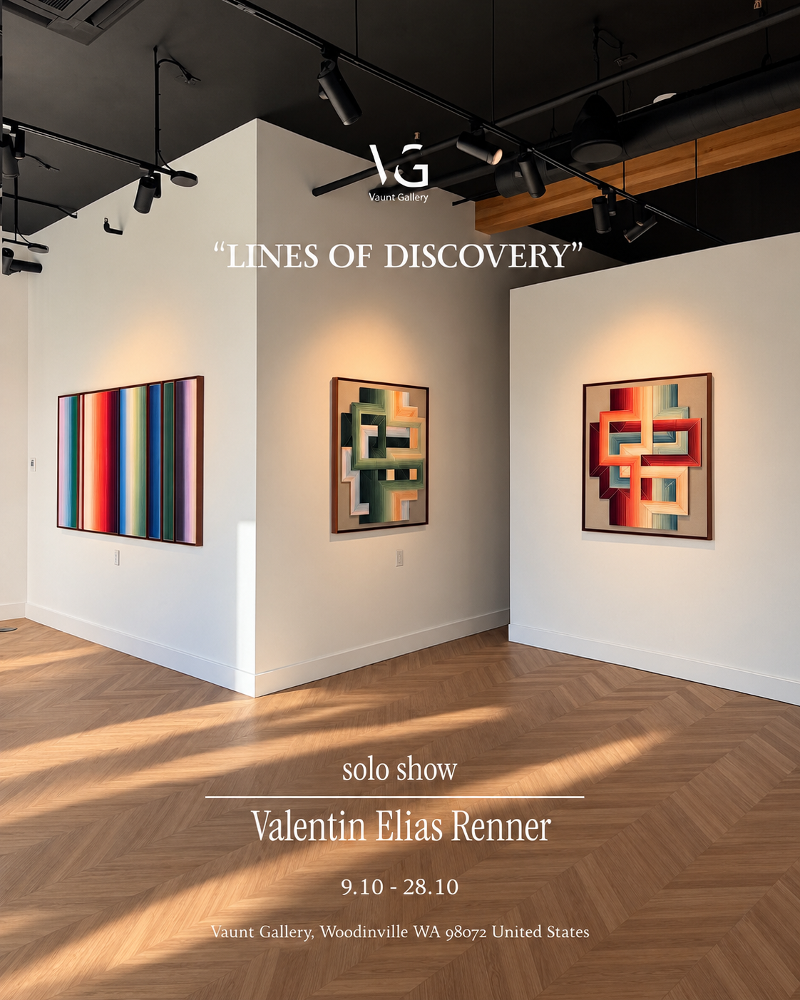 Lines of Discovery solo show at Vaunt Gallery near Seattle with three thread works installed